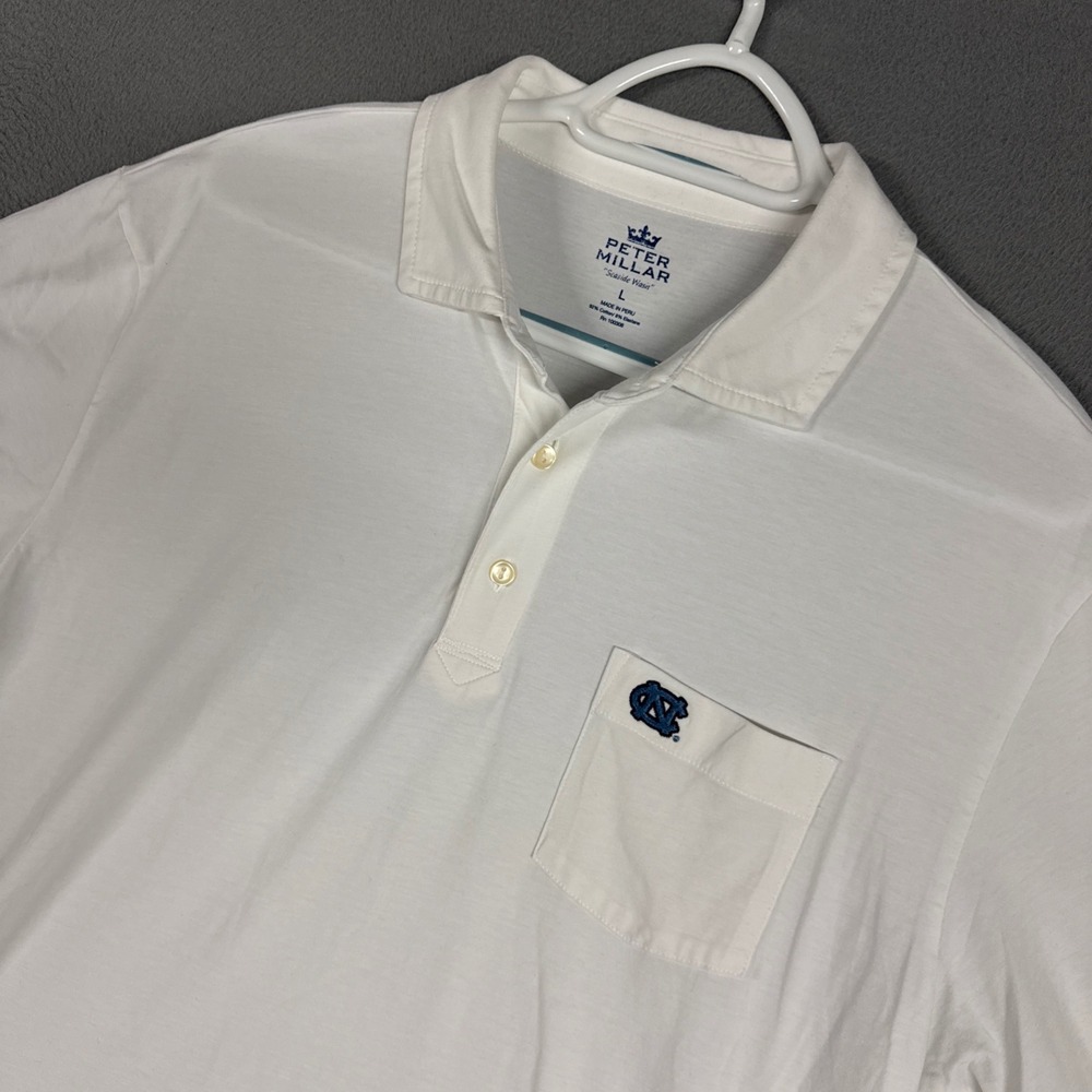 Peter Millar Polo Shirt Mens Large White Seaside Wash UNC Tar Heels NCAA Pocket